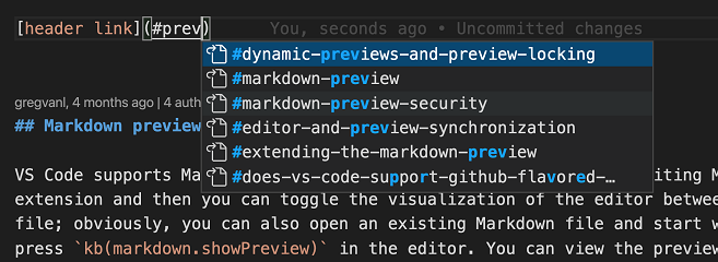 Suggestions de sections de rubrique dans un lien Markdown