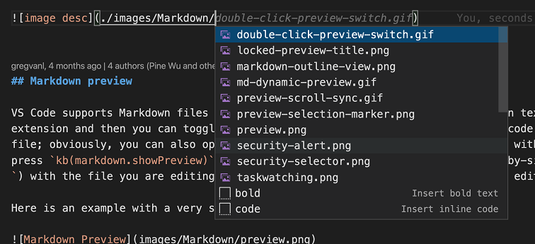 Complétions de chemin dans un lien Markdown